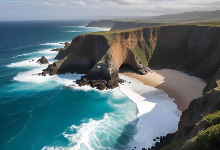 Amazing Cliffside View of Turquoise Ocean with Waves Crashing on Rocky Beach Below