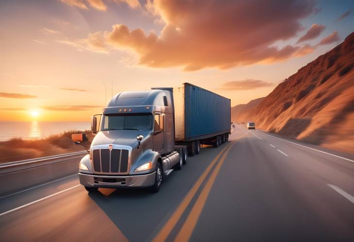 American Semi Truck Moving Sea Container on Highway with Sunset