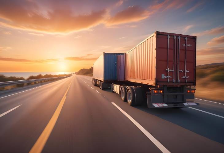 American Semi Truck with Sea Container on Highway at Dusk