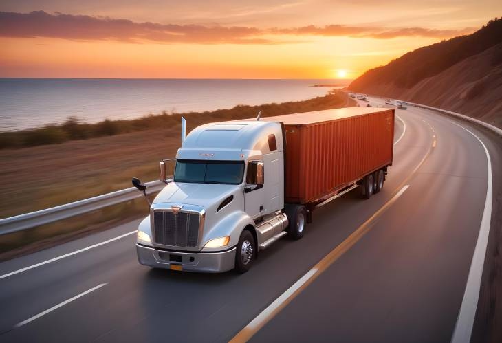 American Semi Truck with Sea Container on Sunset Highway Road