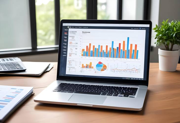 Analysis and statistics on laptop screen, set on wooden table, perfect for business and accounting