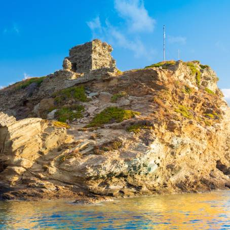 Ancient Andros Island Castle and Stone Bridge at Summer Sunrise, Greece