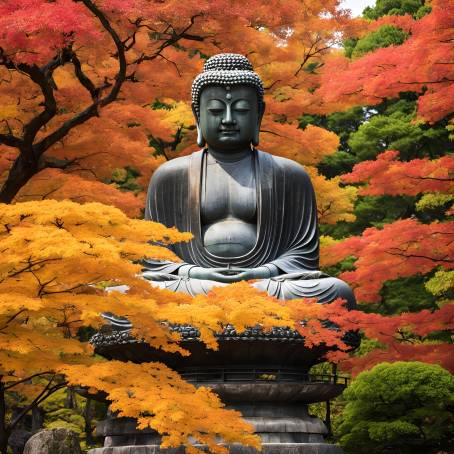 Ancient Bronze Great Buddha Daibutsu Amidst Autumn Maple Leaves at Kotoku in, Kamakura