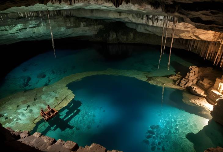 Ancient Cenote Cavern with Underground River, Deep Blue Water, and Prehispanic Ritual Sites