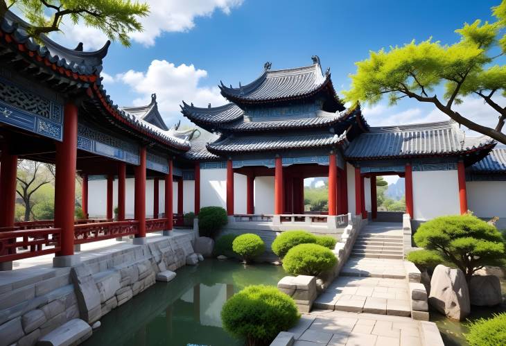 Ancient Elegance Chinese Architecture Garden Under Blue Skies