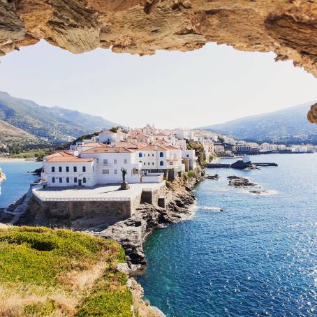 Ancient Stone Bridge Leading to Andros Castle During Summer Sunrise, Greece