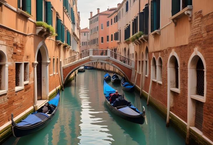 Ancient Stone Bridges and Gondolas in a Quiet Venetian Canal A Picturesque View