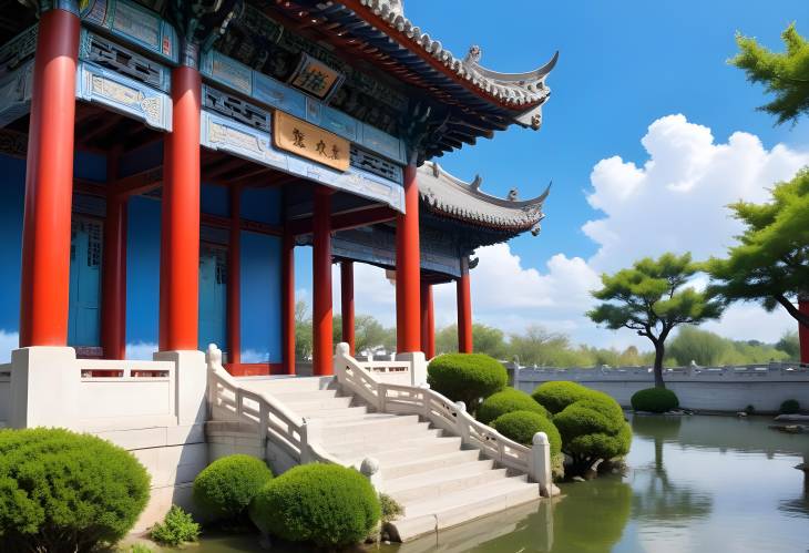 Ancient Tranquility Chinese Garden with Blue Sky and White Clouds