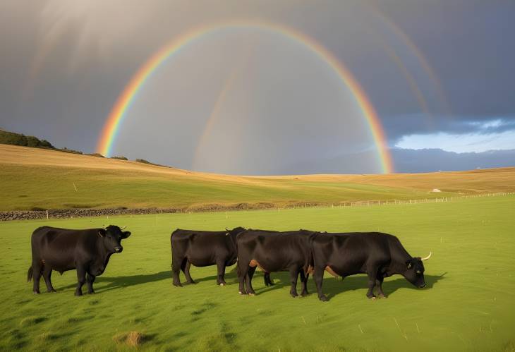 Angus Cattle Grazing in the Rainbow Touched Fields of Pennan, Aberdeenshire, Scotland