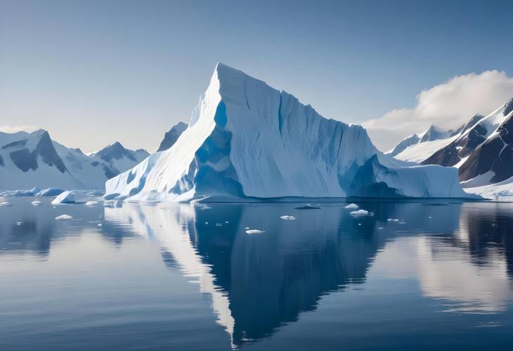 Antarctic Iceberg and Crystal Waters Towering Ice Structure with Snow Capped Mountains and Glacier