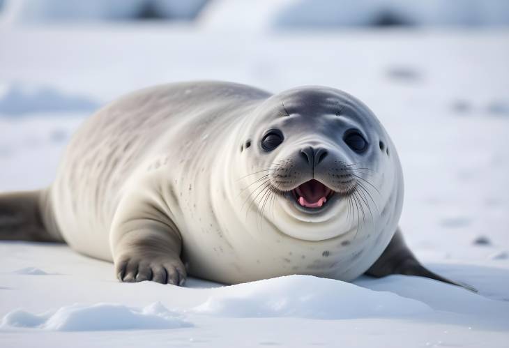 Antarctica Baby Weddell Seal Close Up Yawning Pup on Snowy Ground in Polar Landscape