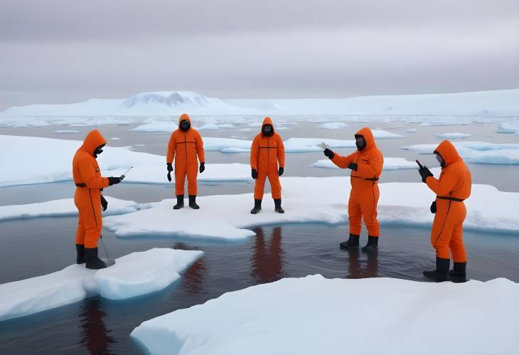 Antarctica Climate Research Aerial View of Scientists in Action Sampling Melting Glaciers