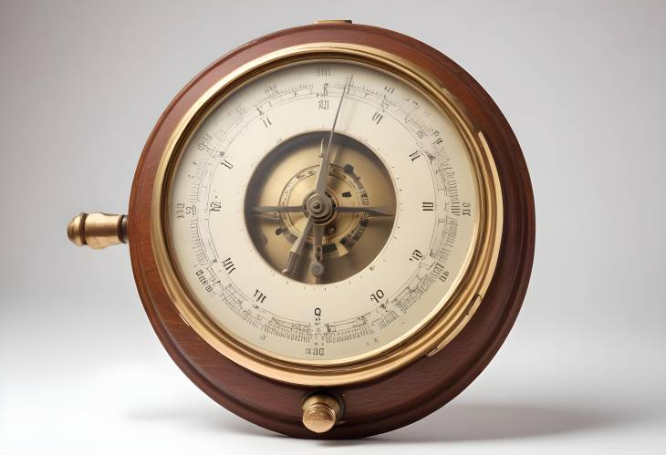 Antique Barometer with Yellow Metal Mechanism and Wooden Case, Isolated on White Background