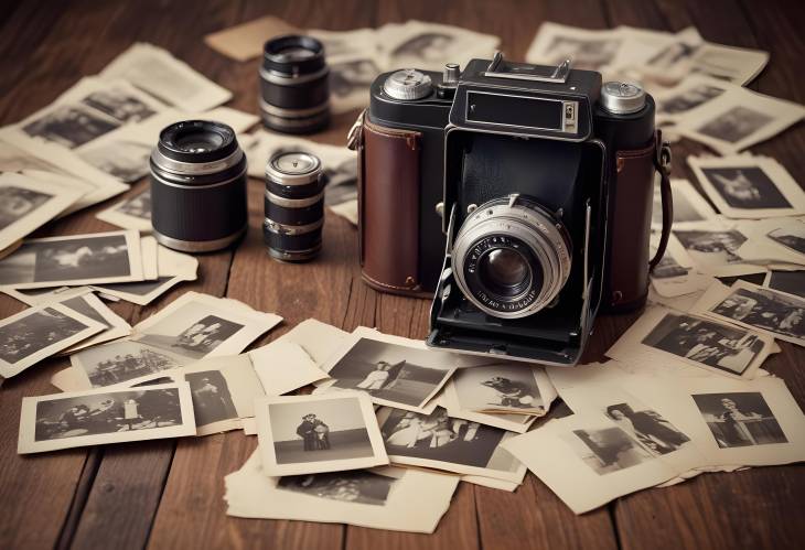 Antique Camera on Wooden Table with Old Photos Vintage Charm and Nostalgia