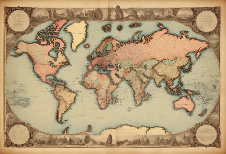 Antique World Map with Detailed Borders