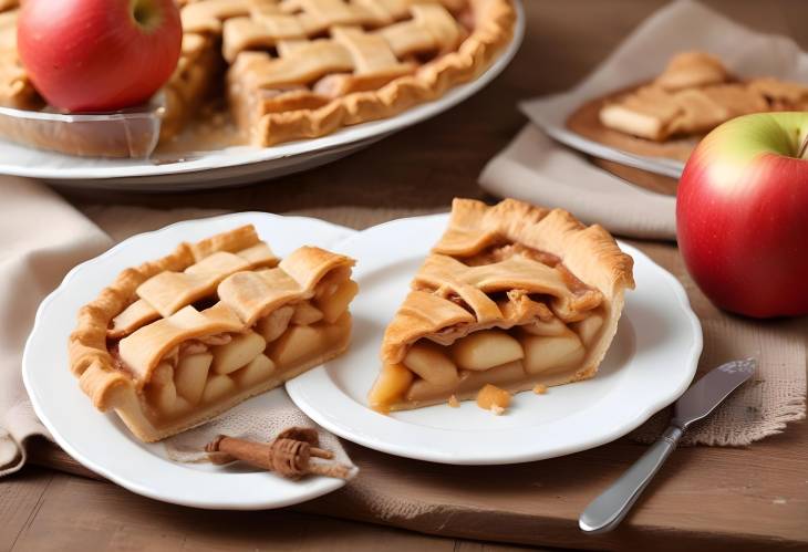 Appetizing Apple Pie Close Up on Wooden Table with Golden Crust