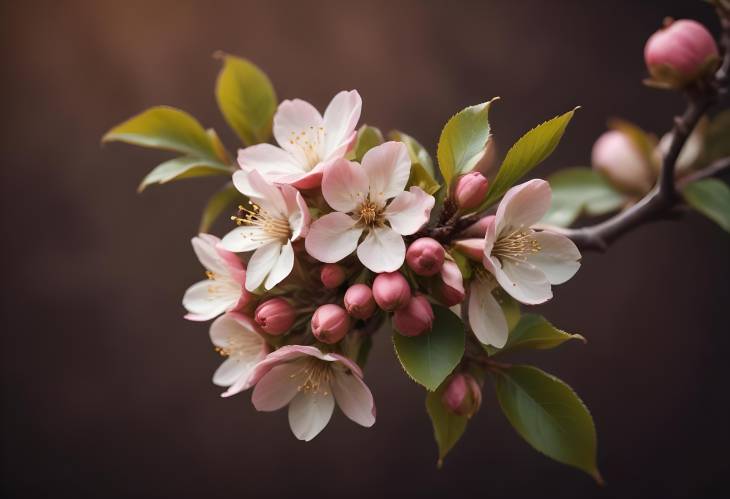 Apple Blossom Close Up Macro in Vintage Warm Tones on Dark Brown Background