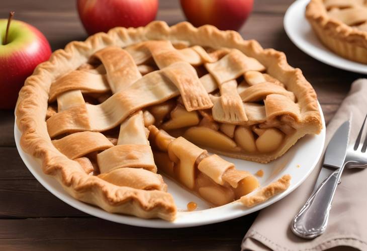 Apple Pie with Flaky Crust and Apple Filling Close Up on Rustic Table