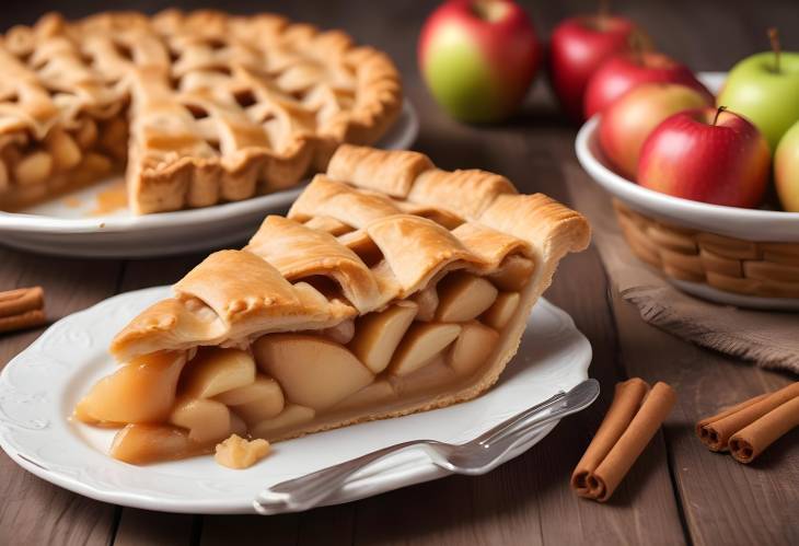 Apple Pie with Flaky Crust and Apple Filling Close Up on Table Surface