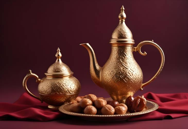 Arabic Coffee with Golden Dallah and Dates on Dark Red Surface