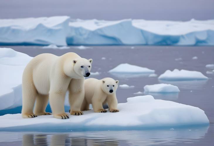 Arctic Polar Bears Female and Young Bear on Ice Floe in Spitsbergen, Svalbard, Norway