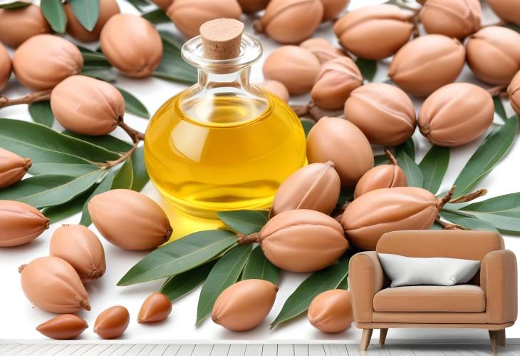 Argan Oil and Seeds Essential Natural Cosmetics Isolated on a White Background