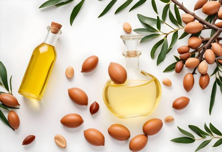 Argan Seeds and Oil Pure Natural Essence Isolated on a White Background