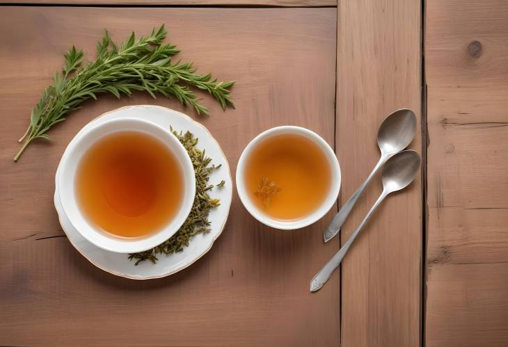 Aromatic Herbal Tea with Plate and Spoon on Rustic Wood