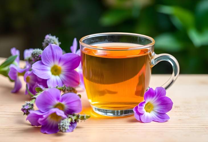 Aromatic Moments Herbal Tea with Flowers on a Rustic Table