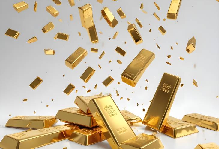 Array of Shiny Gold Bars Plummeting on White Background, Ideal for Wealth and Investment Visuals