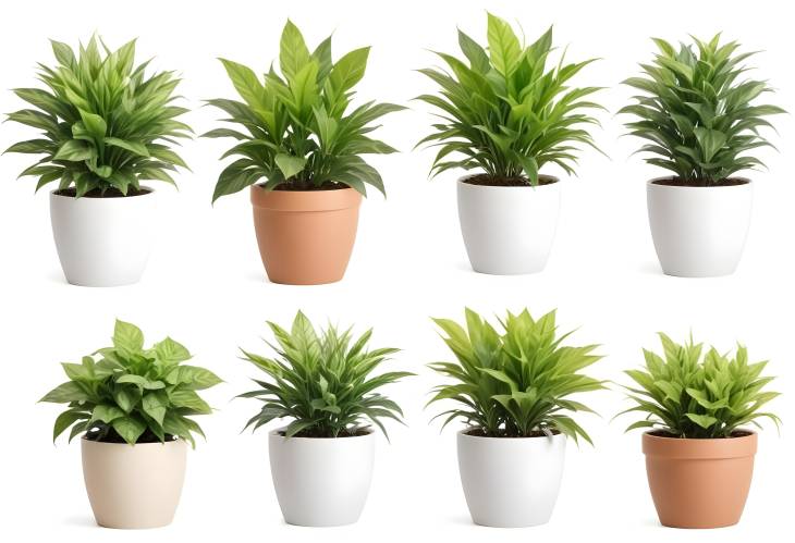 Artificial Plants in Flower Pots on White Surface Isolated Set