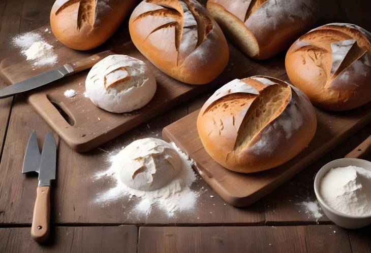 Artisan Bread Loaves on Rustic Wooden Table with Flour