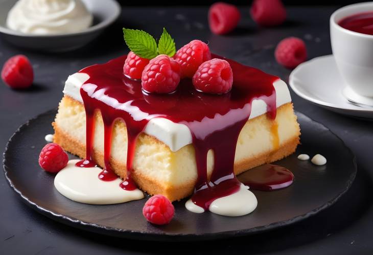 Artisan Cake with Raspberry Sauce and Cream Close Up Pastry Snack on Dark Background