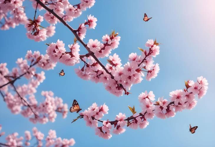 Artistic Cherry Blossom Branches with Blue Sky and Butterflies