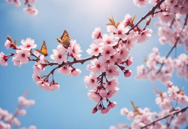 Artistic Cherry Blossom Branches with Blue Sky and Butterflies