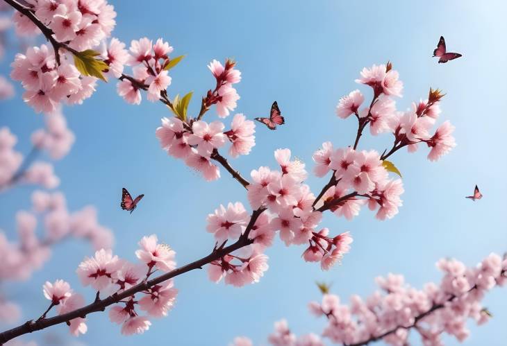 Artistic Cherry Blossom Branches with Blue Sky and Butterflies