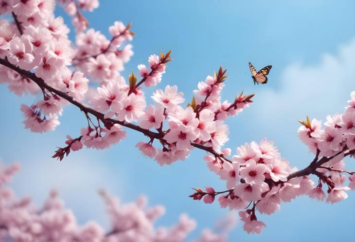 Artistic Cherry Blossoms and Butterflies with Blue Sky