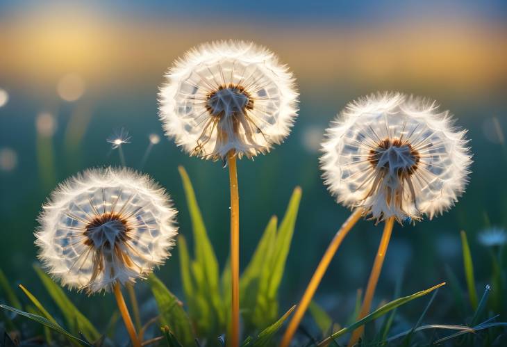 Artistic Close Up of Glowing Dandelions in Grass with Blue and Gold Background