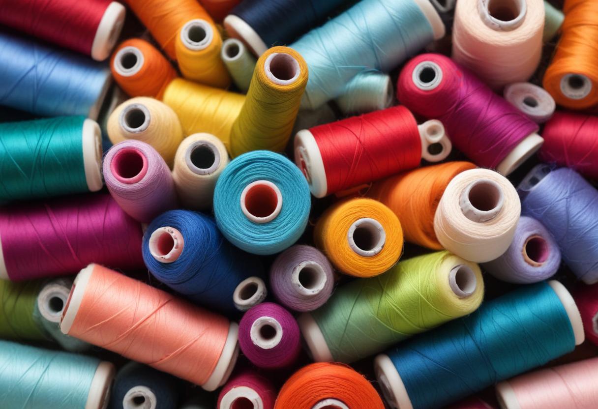 Artistic Close Up of Multicolored Sewing Threads on a Bright Background