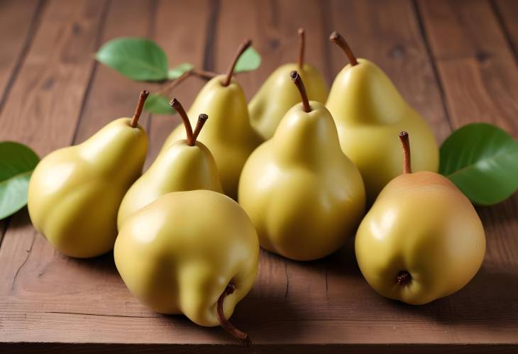 Artistic Close Up of Pears on a Wooden Table Highlighting Freshness and Natural Elements