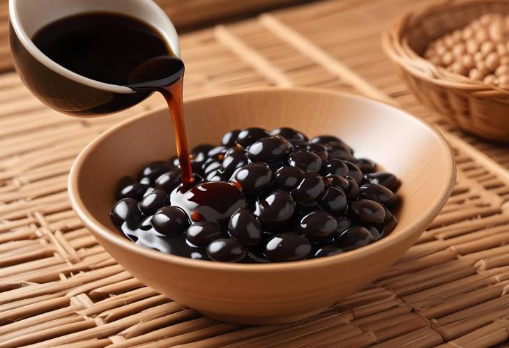 Artistic Closeup of Soy Sauce Drops Falling into Bowl on Wicker Mat  Perfectly Styled