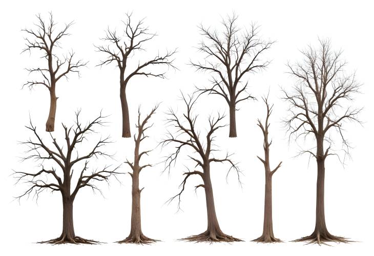 Artistic Display 6 Dry Trees Isolated on a White Background