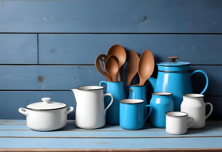 Artistic Enamelware Display on Kitchen Table Against Blue Wooden Background