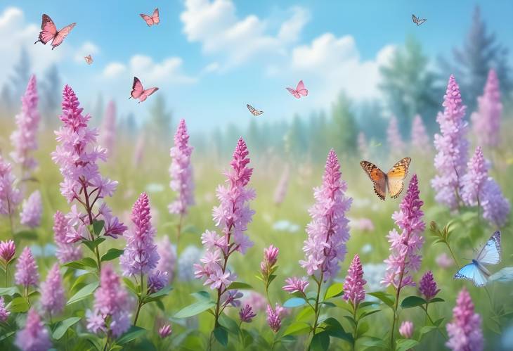 Artistic Image of Pink Lilac Flowers and Butterflies in Spring