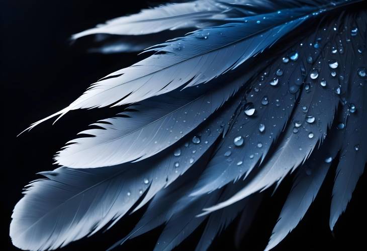 Artistic Macro of Feather with Water Droplets on Dark Surface