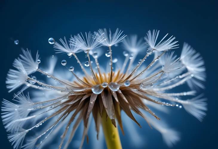 Artistic Nature Image of Transparent Water Drops on Dandelion with Blue Background