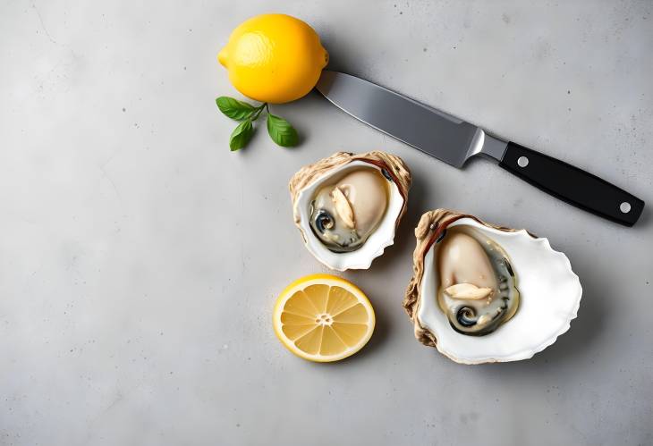 Artistic Presentation of Open Oysters, Lemon, and Knife on Concrete Surface