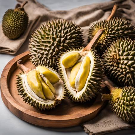 Artistic Shot of Durian on Wood Plate with Studio White Background