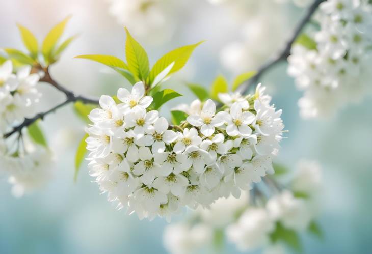 Artistic Spring Background with Soft Focus Blossoming Bird Cherry Branches