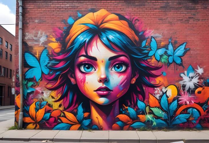 Artistic Urban Mural on Brick Wall with Bold Colors and Creative Designs in Alleyway